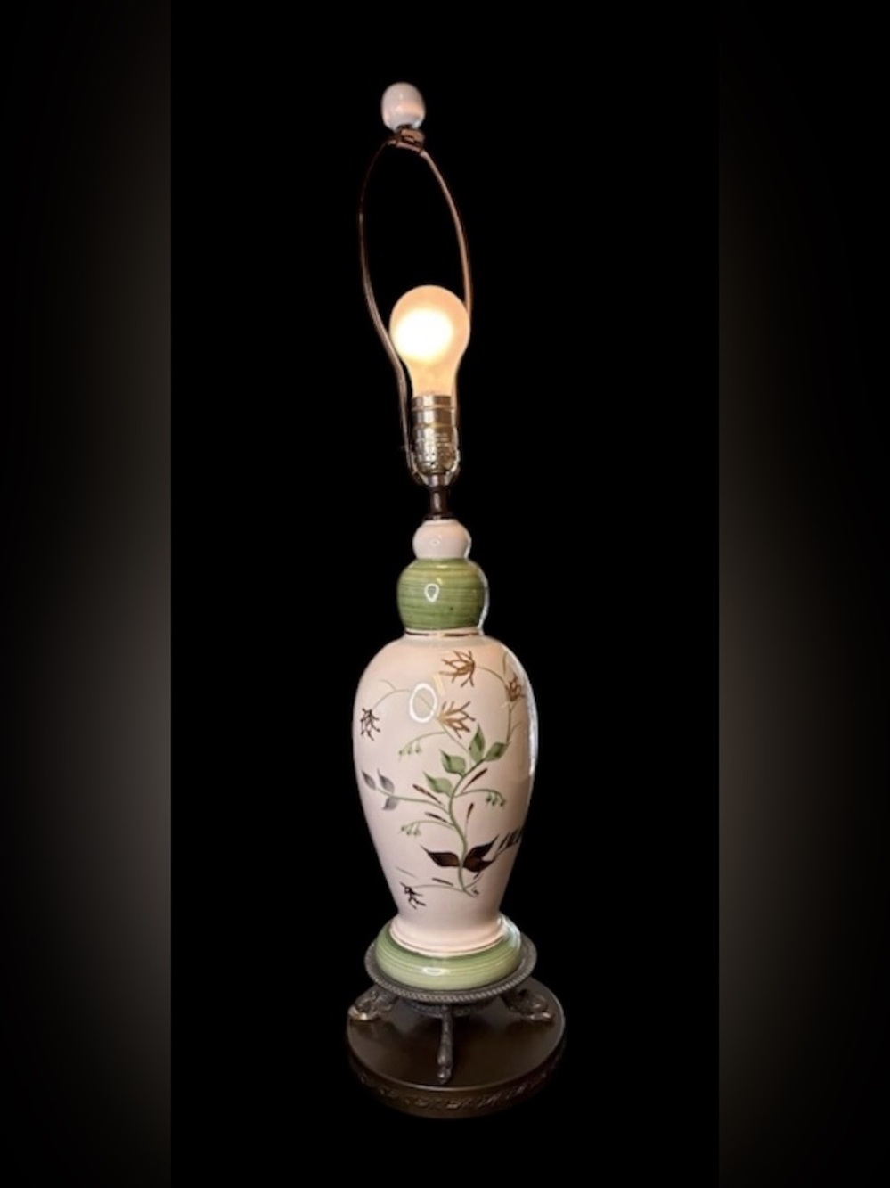 Vintage Hand-Painted Floral Ceramic Lamp Dolphin/ Fish -Head Claw Feet